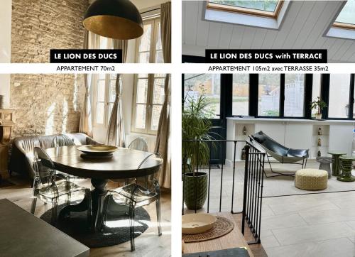 un collage de tres fotos de una sala de estar en Centre historique de Dijon "Le Lion des Ducs" et "Le Lion des Ducs with Terrace", en Dijon