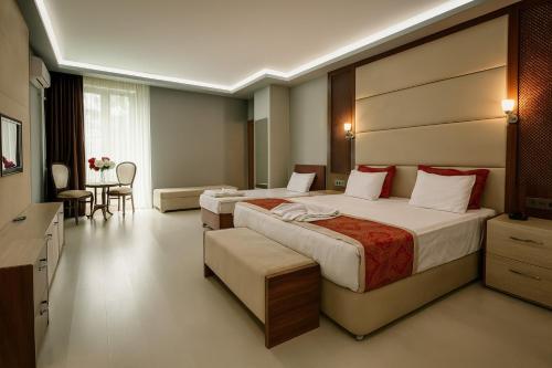 a hotel room with two beds and a television at Cevaher Hotel & Suıtes in Sancak