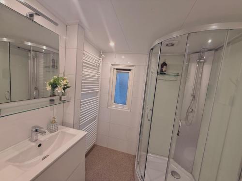 a bathroom with a glass shower and a sink at Ermmoon Cottage in Erm
