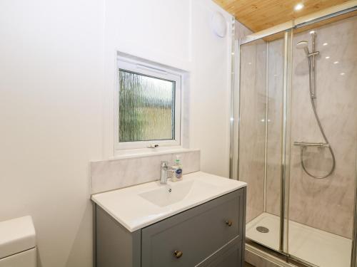 un baño con lavabo y ducha en Harvest Lodge, en Haywards Heath