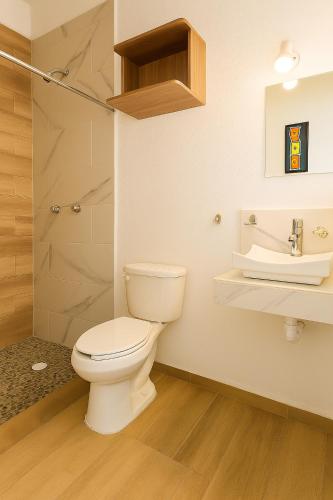 a bathroom with a toilet and a shower and a sink at EDISÓN 81 Unidades de renta habitacional in Morelia