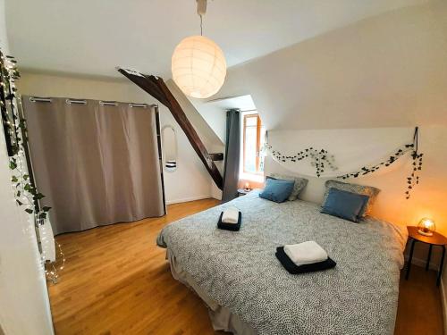 a bedroom with a large bed with blue pillows at Cozy 2 bedroom house-garden-wifi Reuilly center in Reuilly