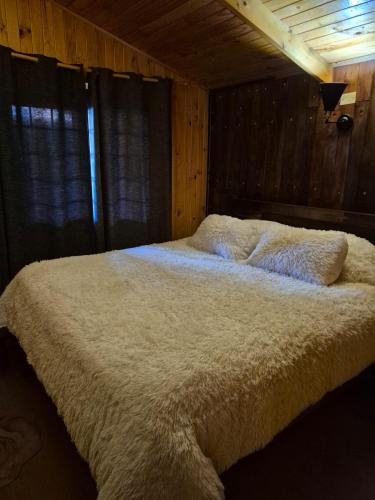 a bedroom with a large bed in a wooden room at Torreòn Cabañas Pelluhue in Las Lomas