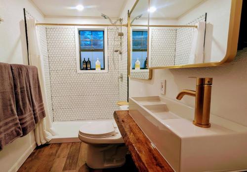 a bathroom with a sink and a toilet and a shower at Hot Tub, 3 Bedrooms 2 Baths, Walk to Everything! in Flagstaff