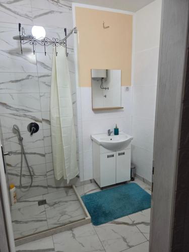 a bathroom with a white sink and a shower at Zen 6 deluxe room in Zrenjanin
