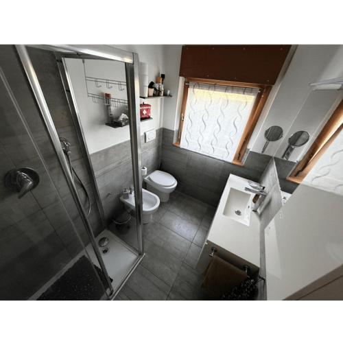a small bathroom with a toilet and a shower at CASADIMASHA appartamento con giardino e box in Vaprio dʼAdda