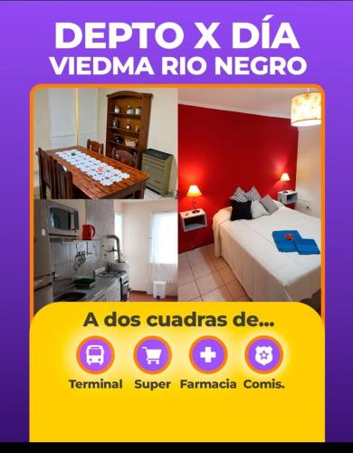 a flyer for a hotel room with a bed and a room at A pasos de la terminal in Viedma