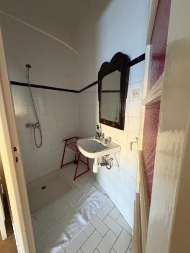 a bathroom with a sink and a shower and a mirror at Studio coeur tanger in Tangier