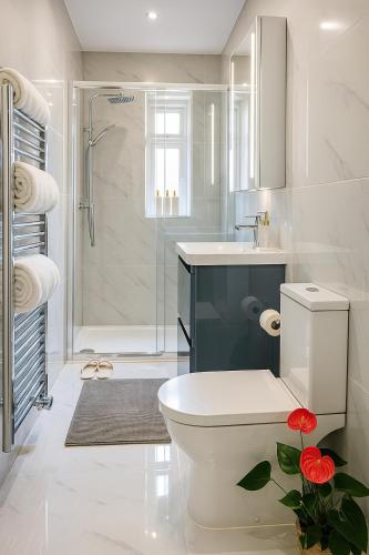 a bathroom with a toilet and a sink and a shower at The Nest-Free Parking Cosy Studio, M40 access, underfloor heating in High Wycombe