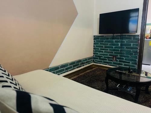 a room with a bed and a tv on a brick wall at La Casita in Mexico City