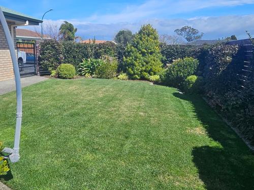 a yard with green grass and bushes at The Holiday Haven in Tauranga