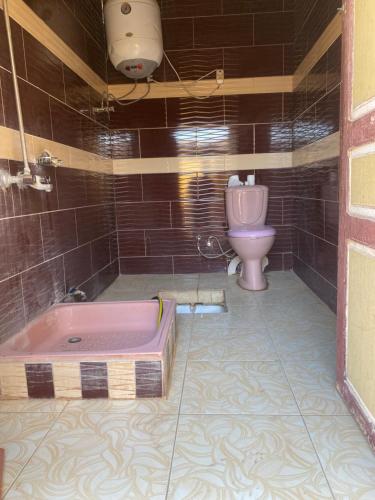 a bathroom with a tub and a toilet at Bafana Bafana Guest House in Najâ€˜ al MadÄbb