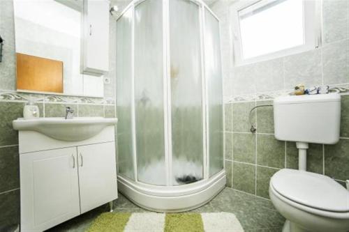 ein Badezimmer mit Dusche, Toilette und Waschbecken in der Unterkunft Family-friendly apartments with swimming pool Povlja, Brac - 24248 in Povlja