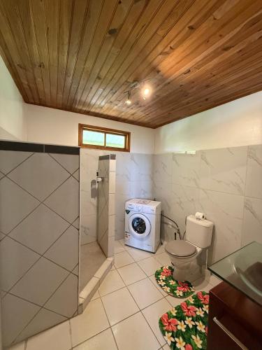 a bathroom with a toilet and a washing machine at Luna's Home Raiatea in Tiano