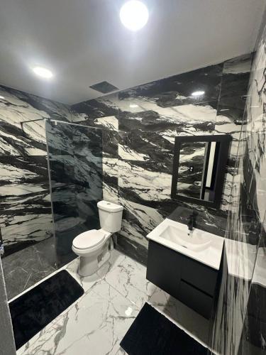 ein Badezimmer mit Toilette, Waschbecken und Spiegel in der Unterkunft 3D Bless Apartment 4 min from the airport and beach in San Juan