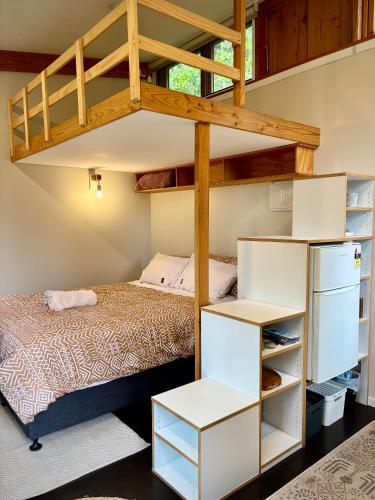 a bedroom with a bunk bed and a loft at Fantail’s Nest in the forest in Takaka