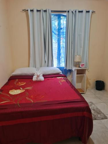 a bedroom with a bed with a red blanket and a window at Linstead AirB&B Crescent Avenue in Linstead
