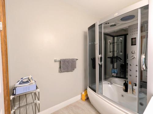 a bathroom with a glass shower with a sink at Feline Twins in New Orleans