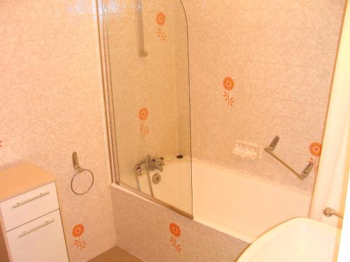 ein Bad mit einer Dusche, einem WC und einem Waschbecken in der Unterkunft Résidence Espinchal in Massiac