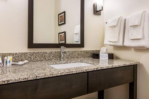 a bathroom with a sink and a mirror at Comfort Suites Wooster near University Campus in Wooster