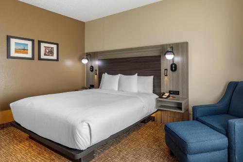 a bedroom with a large bed and a blue chair at Comfort Inn & Suites North Dallas-Addison in Dallas
