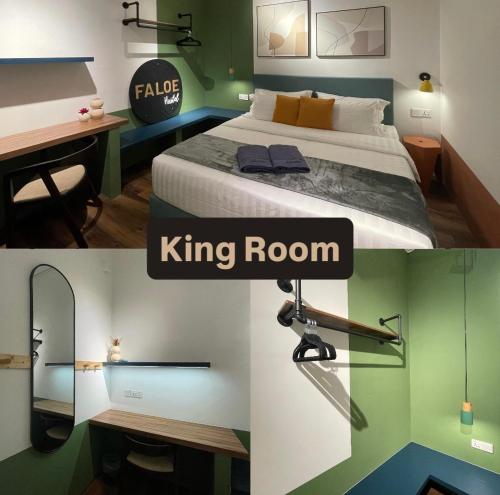 a room with a bed and a desk and a king room at  