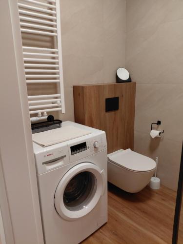 a bathroom with a washing machine and a toilet at Apartament Sudecka 119 in Jelenia Góra