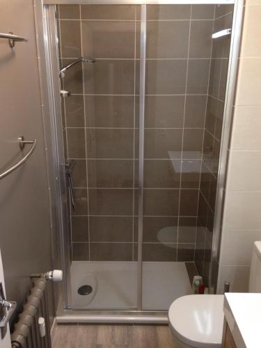 una doccia con una porta in vetro in un bagno di Crystal 18 a La Clusaz