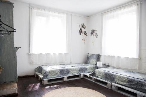 a living room with two beds and a window at FAMILY GUEST HOUSE Nikola 