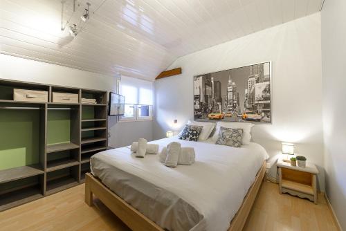 Un dormitorio con una cama grande y un televisor. en Le Tournette - Appt 1 chambre, balcon vue montagne, en Saint-Jorioz