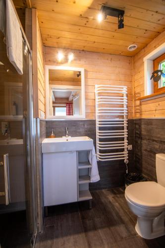 a bathroom with a white sink and a toilet at Górskie Domki Szklarska Poręba in Szklarska Poręba