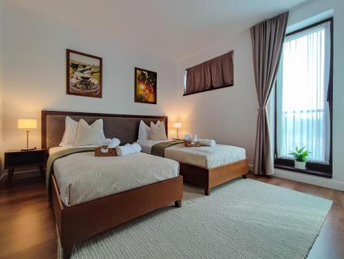 a bedroom with two beds and a large window at Pensiune și Restaurant Silvania in Poiana Măgura