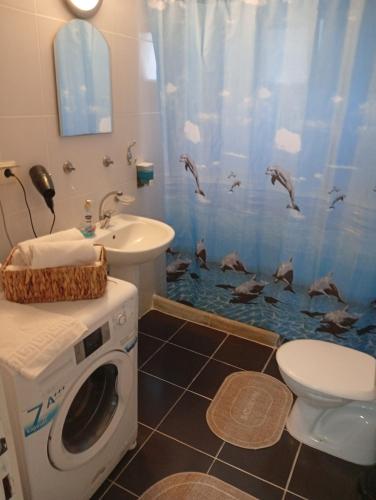 a bathroom with a washing machine and a sink at NEŞELİ APART BAHÇE CAFE in Seferihisar