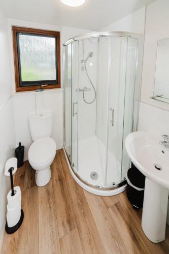 ein Badezimmer mit Dusche, Toilette und Waschbecken in der Unterkunft Harrapool Hideout Skye in Broadford
