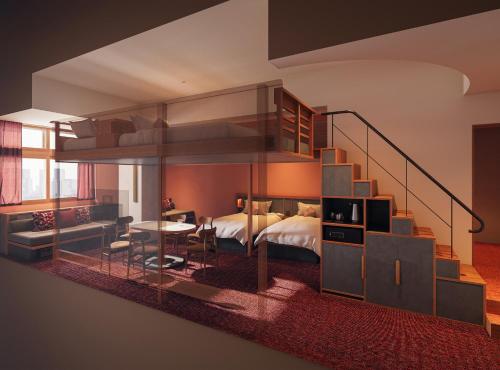 a bedroom with a bunk bed and a spiral staircase at OMO7 Yokohama by Hoshino Resorts in Yokohama