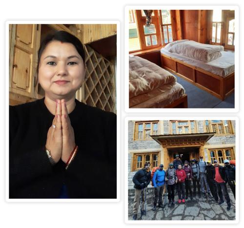 PhakdingにあるTribeni Lodge Phakdingの部屋の中で手を挙げて立っている女性の写真4枚
