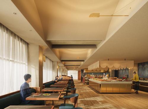 Un restaurante con gente sentada en mesas y una cafetería. en OMO7 Yokohama by Hoshino Resorts, en Yokohama