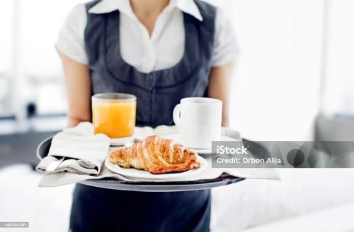 a woman holding a tray with a plate of food and orange juice at Hotel Pearl Square in Jaipur