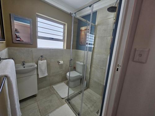 セッジフィールドにあるMyoli Beach Breezeのトイレとガラスのシャワー付きのバスルーム