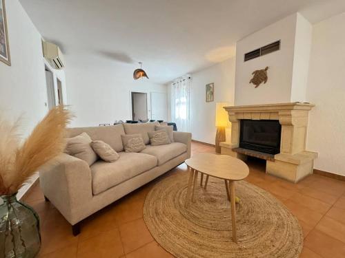 コロンビエールにあるMaison de Village Pres du Canalのソファと暖炉のあるリビングルーム
