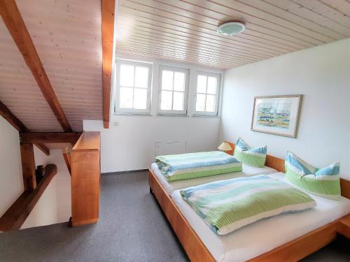 a bedroom with a bed and two windows at Abc Ferienwohnungen Im Winter in Meersburg