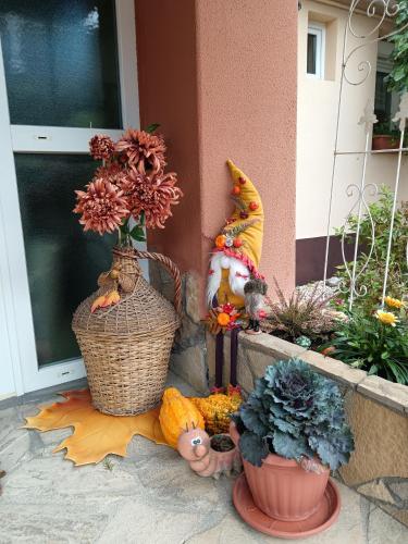un porche con un ramo de flores y plantas en Hársfa apartman, en Makó