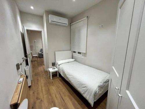 een kleine slaapkamer met een bed en een badkamer bij Hostal alegria in Málaga