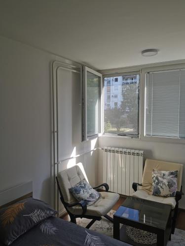 ein Wohnzimmer mit zwei Sesseln, einem Sofa und Fenstern in der Unterkunft Andrej 62 in Beograd