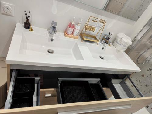 een badkamer met een witte wastafel in een kamer bij "LE NID de SKYLAR" centre ville in Reims