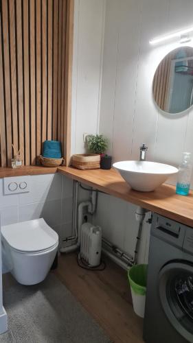 a bathroom with a white toilet and a sink at Appartement privatif cozy Euratechnologies in Lille