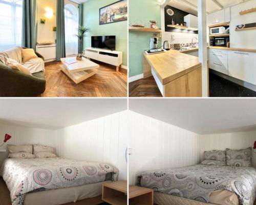 Tres fotografías de una habitación con una cama y una cocina. en LE NOIR BOIS ET BLANC - Studio - Wifi - Centre Ville - Entrée Autonome, en Quimper