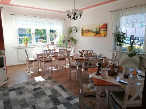 a dining room with tables and chairs and windows at Pension Weißer Hirsch in Schwarzenberg (Erzgebirge)