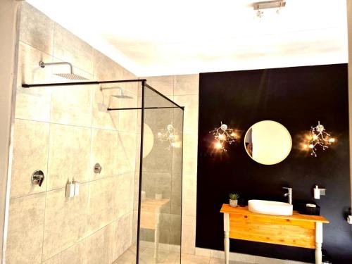 a bathroom with a shower and a sink at De Kaapse Rust Boutique Guesthouse & Venue in Parys
