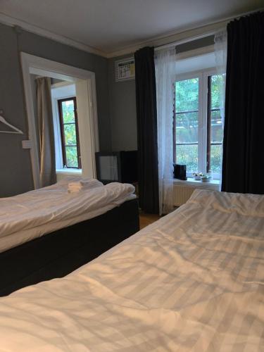 ルンドにあるBrunius Guesthouseのベッドが2つと窓が2つある寝室